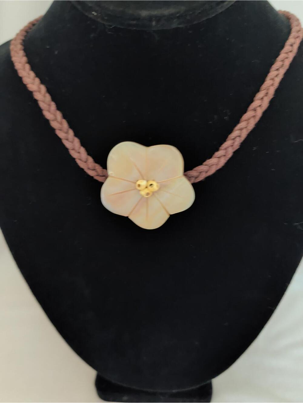 Vintage Hawaiian Mother of Pearl Plumeria Brown Braided Necklace Flower Pendant